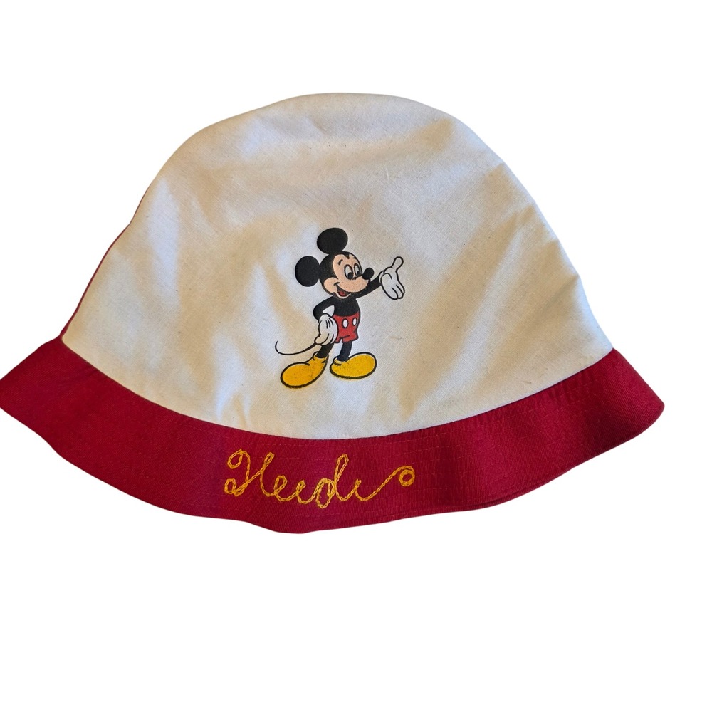 Vintage 70s Mickey Mouse Disneyland Bucket Hat Benay Albee Red White Large
